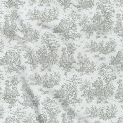 Grey toile patterned fabric with a toile design on a white background