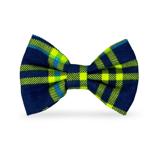 navy blue, green, and lake blue plaid bow tie