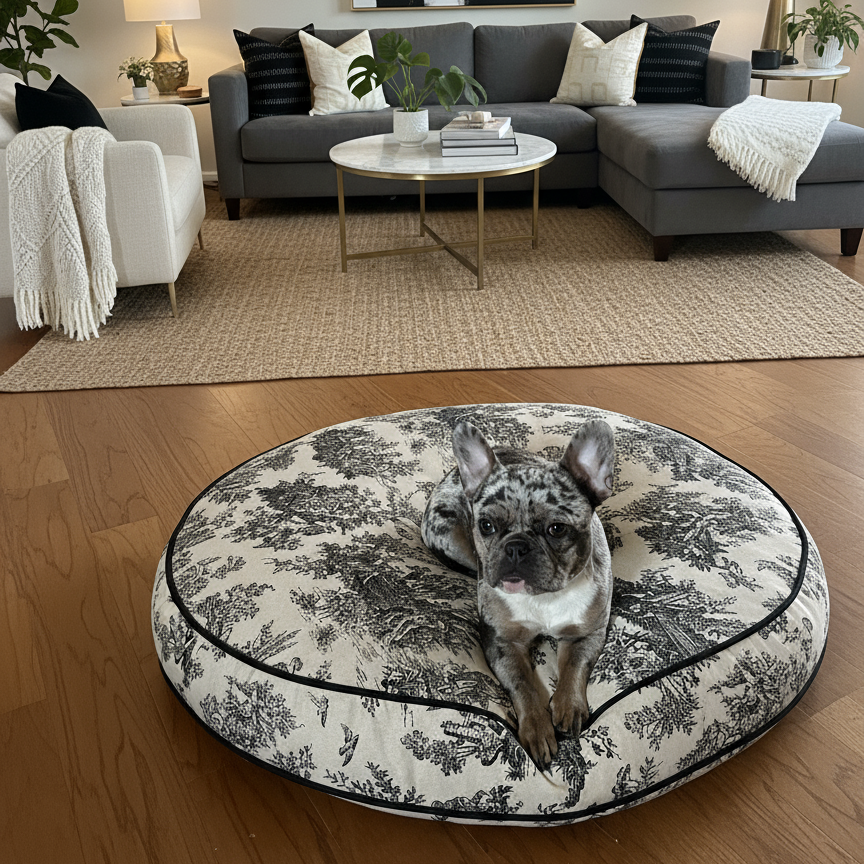 grey french bull dog  on a linen and black round patterned pet bed in a living room.