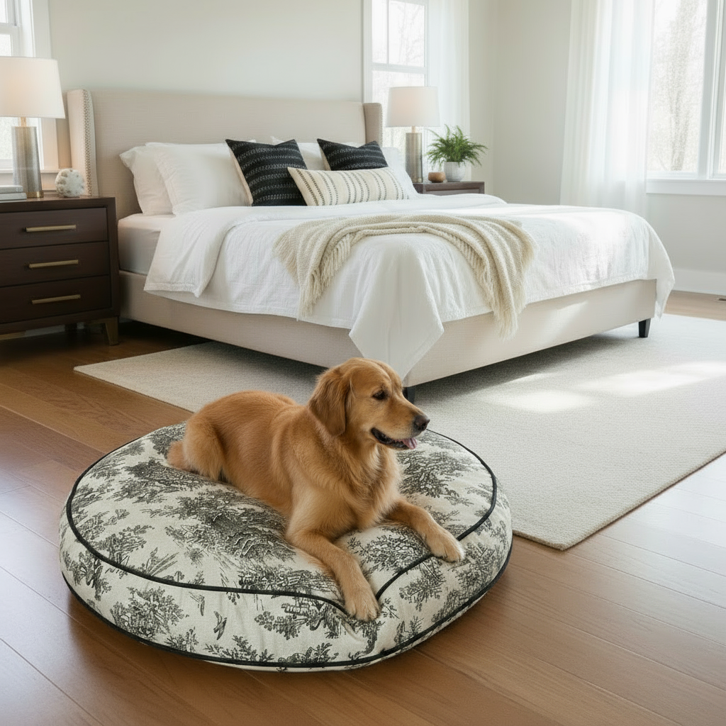 Black Linen Toile Round Dog Bed