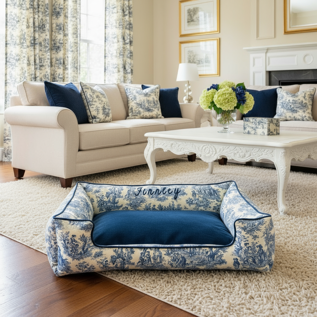 toile dog bed with blue and white pattern in a living room setting