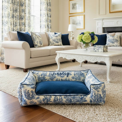 toile dog bed with blue and white pattern in a living room setting