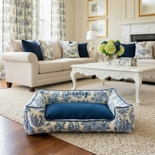 toile dog bed with blue and white pattern in a living room setting