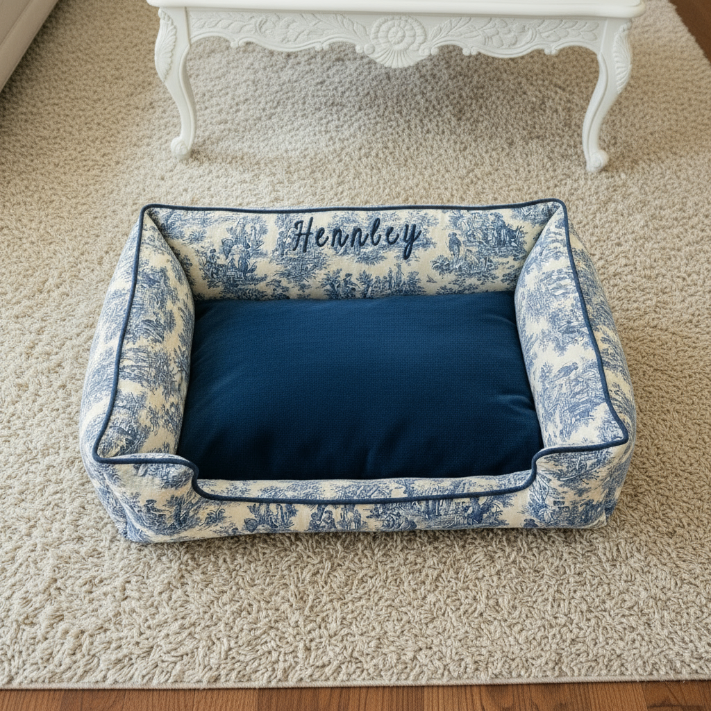 Navy Toile and Minky Drifter Dog Bed