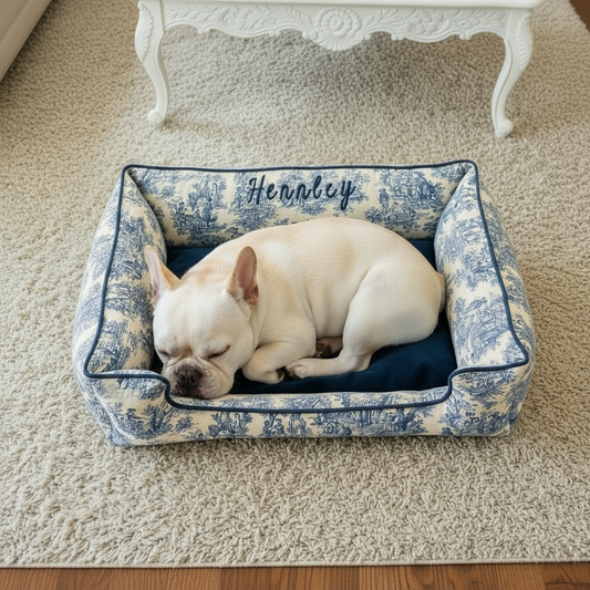 French bulldog sleeping on a blue and white toile patterned dog bed with 'Henley' embroidery.