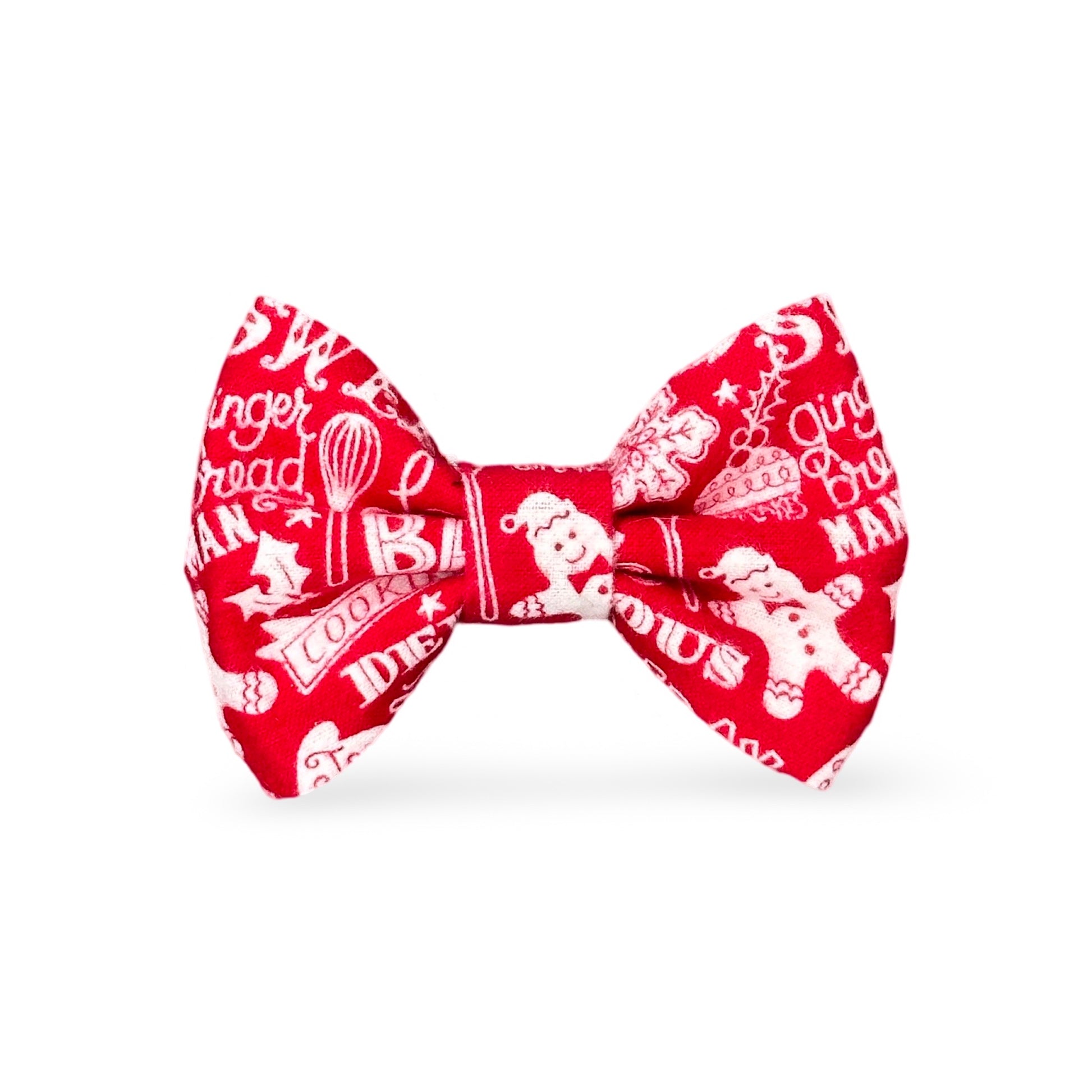 red holiday bow tie with a baking themed print