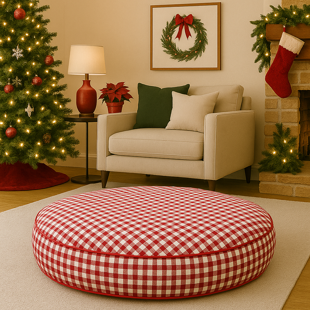 A red gingham round dog bed in a living room decorated for Christmas with a tree, stockings.