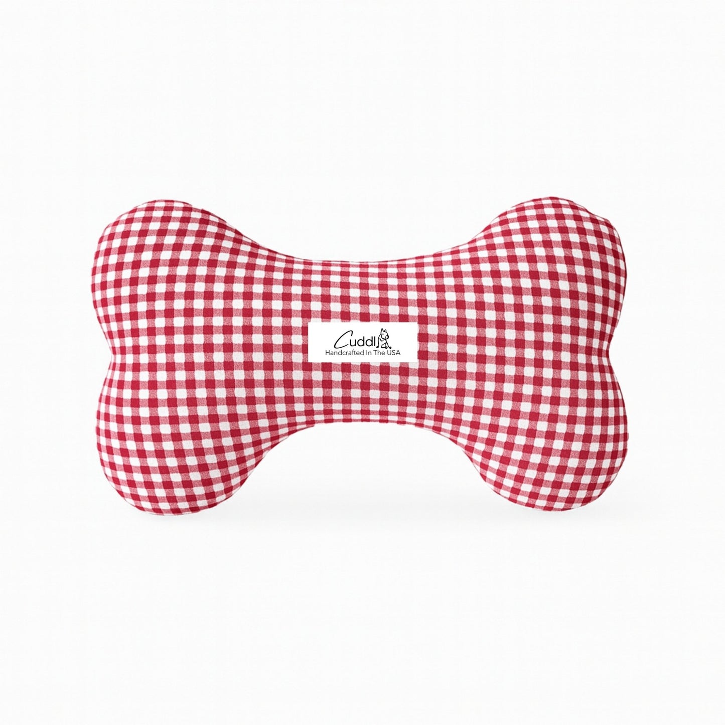 Red and white checkered bone-shaped dog toy on a white background