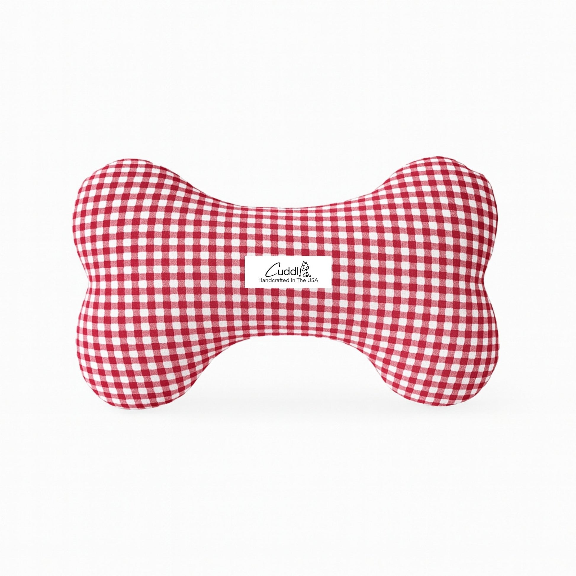 Red and white checkered bone-shaped dog toy on a white background