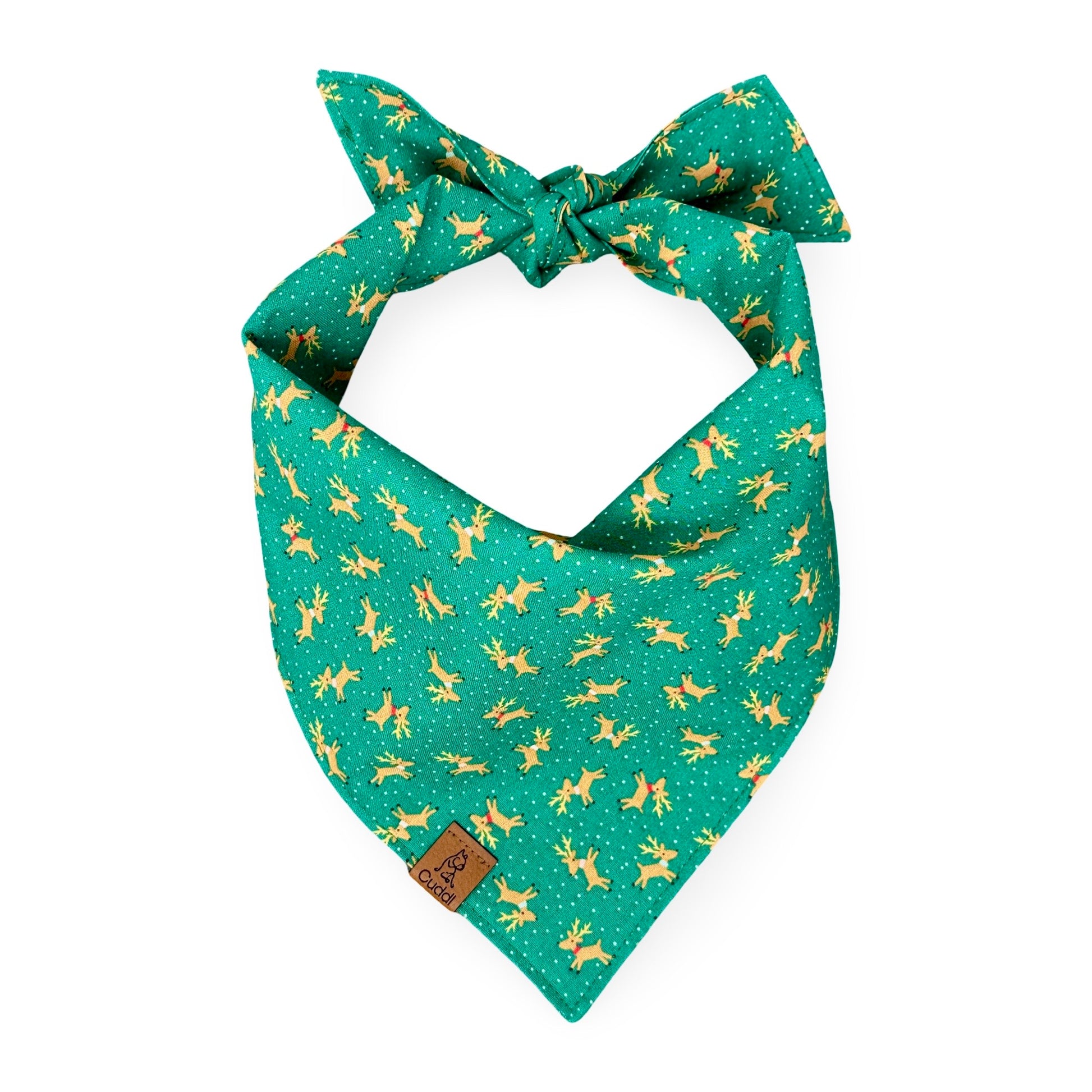 Green dog bandana with reindeer pattern 