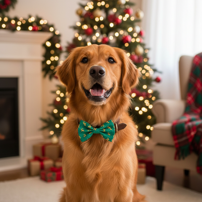 dog collar bow tie with reindeer pattern on a green background