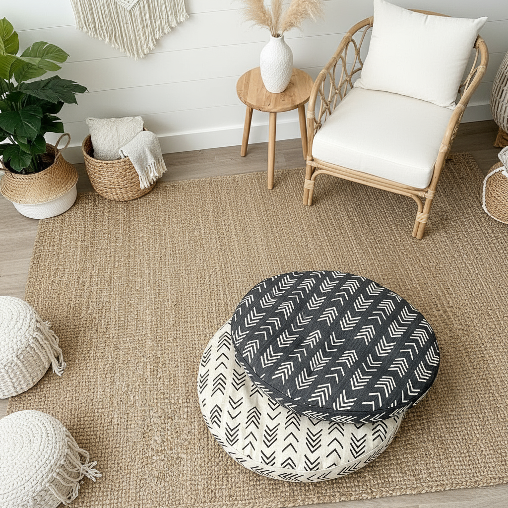 Round boho patterned dog beds in cream and black