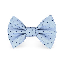 Load image into Gallery viewer, navy pin dot print on a soft blue background wedding bow tie for dogs and cats
