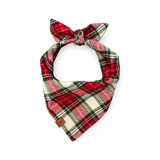 cream, green. and red tartan tie holiday dog bandana
