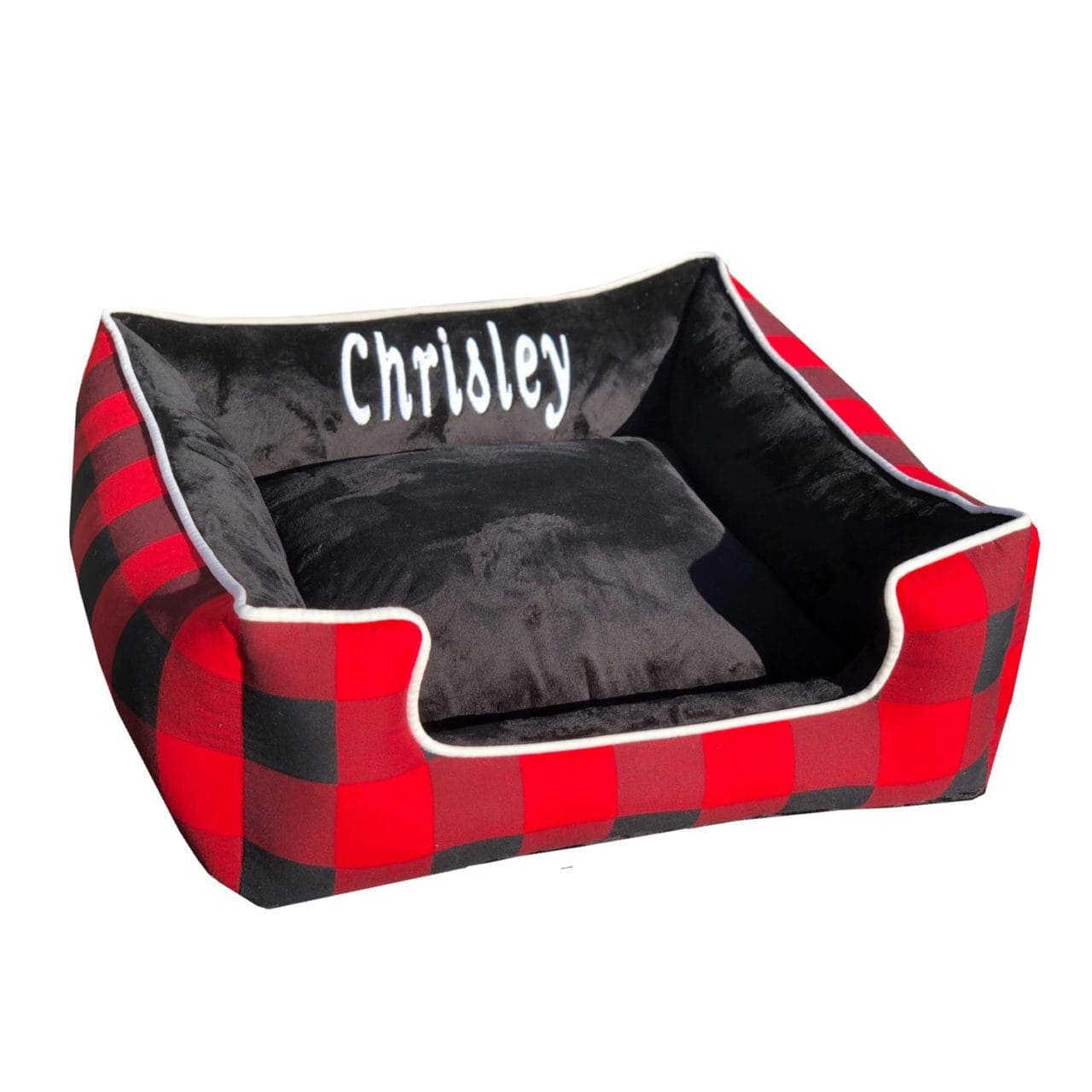 Black minky and red check dog bed