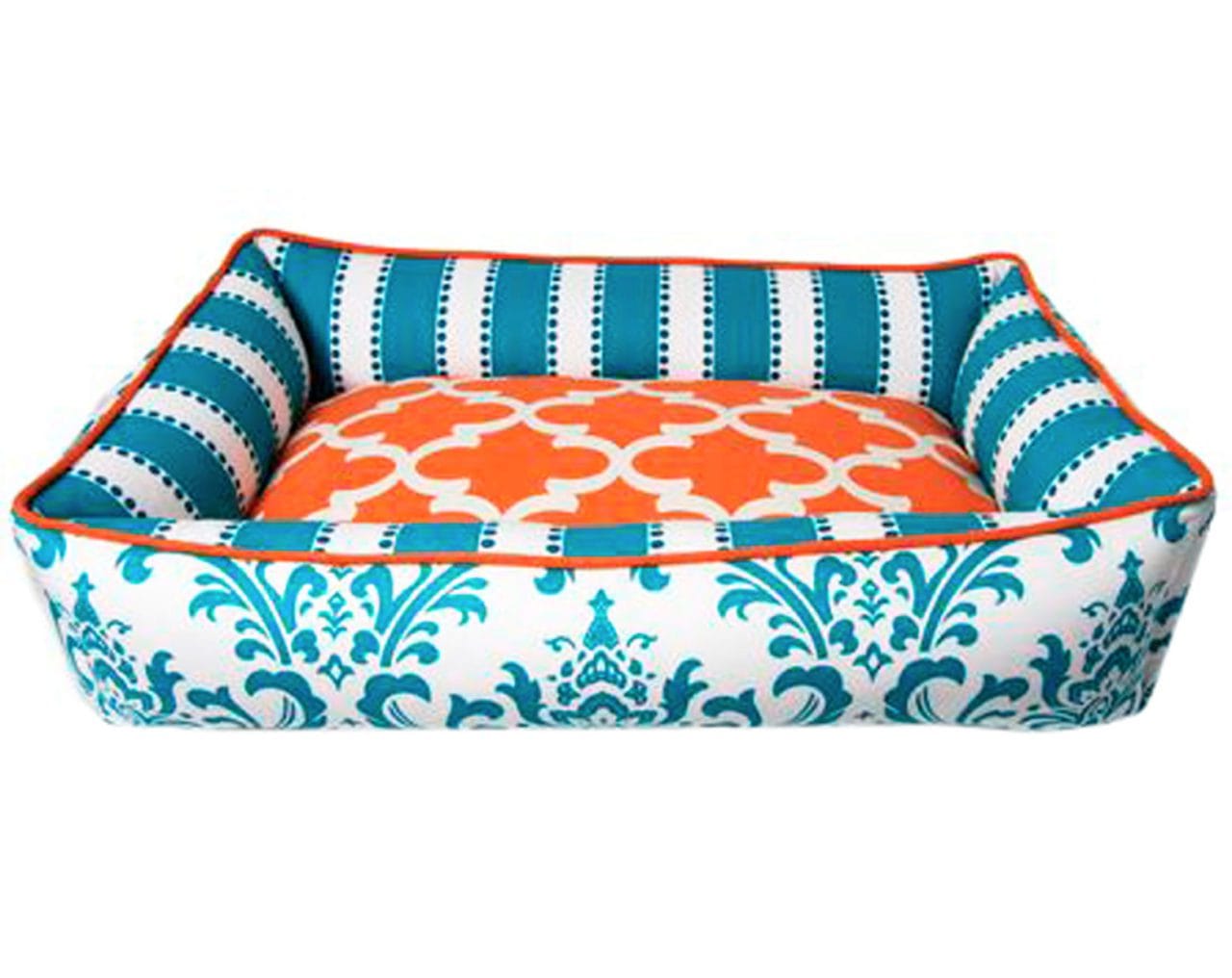 orange and teal dog bed