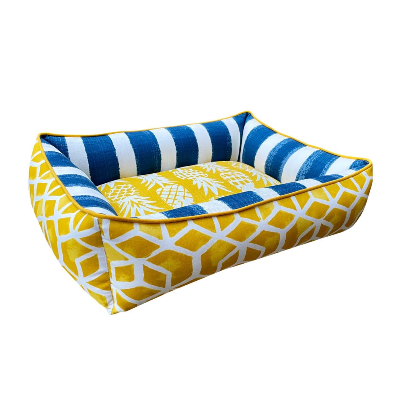 Blue and yellow dog bed