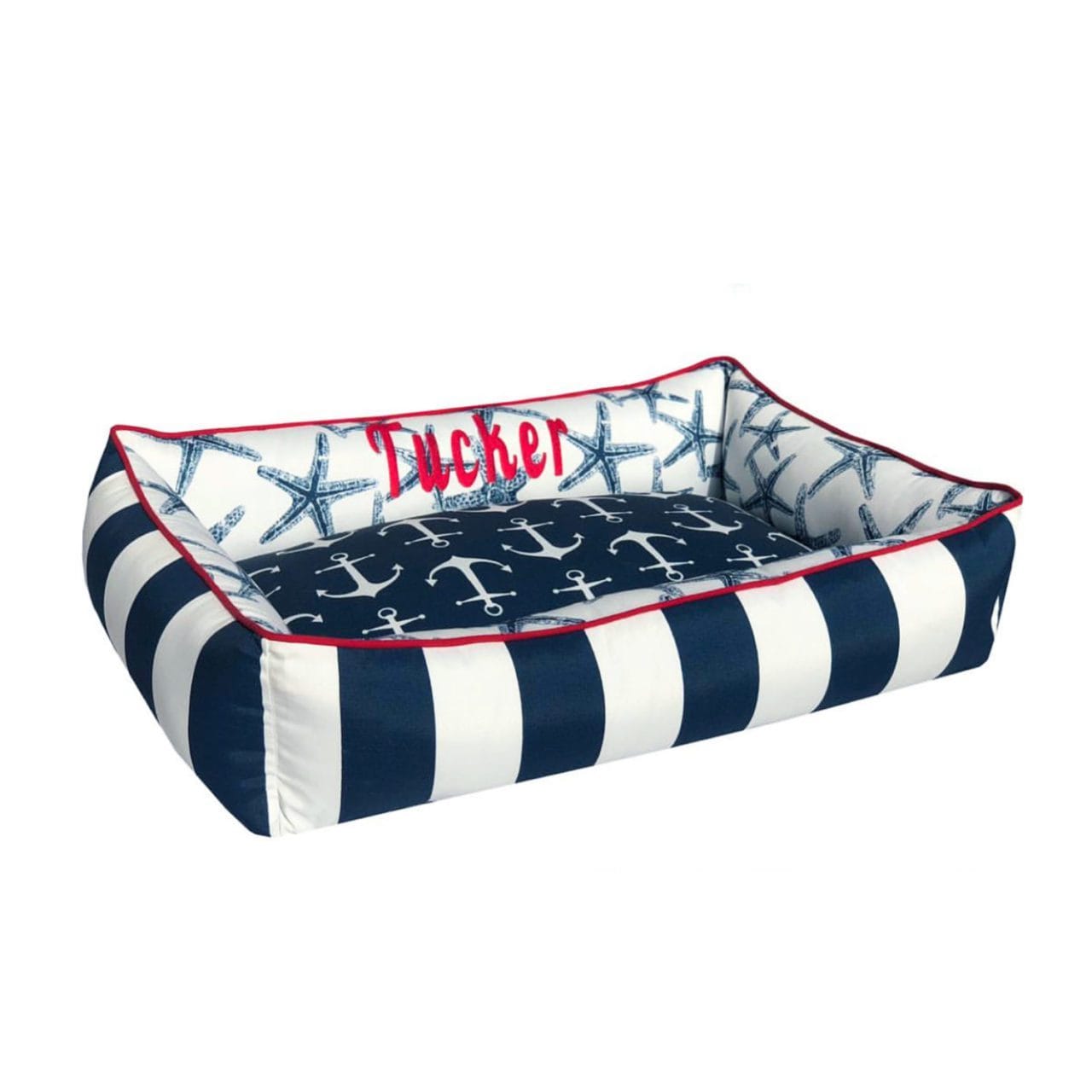 Blue and white dog bed