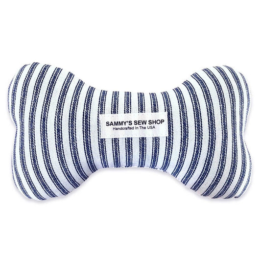 Navy Ticking Stripe Squeaky Dog Bone Toy