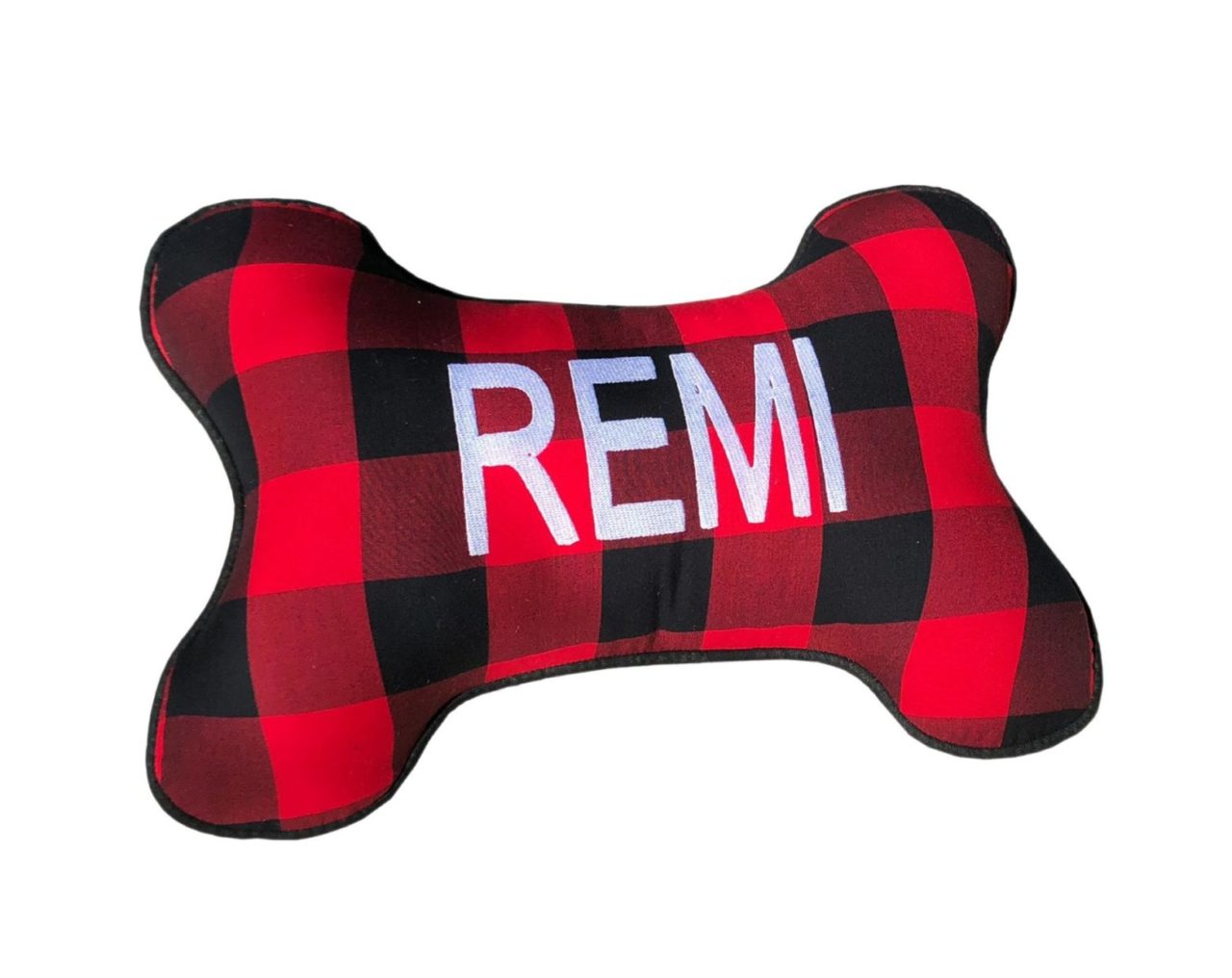 Red check dog bone pillow