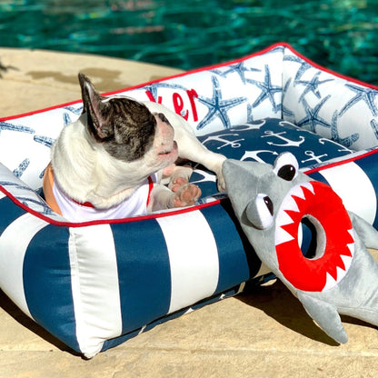 Blue and white dog bed